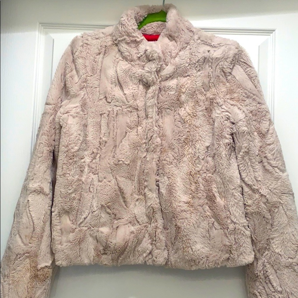 Faux Fur Jacket in Cream with Red Satin Lining